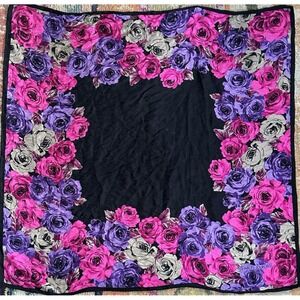 Vintage 1980s Charles Jourdan Silk Scarf 33x33 Floral Pink Purple‎ Black